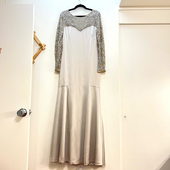 Theia Embellished Long Sleeve Satin Gown - Picture 3 of 10